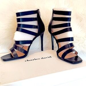 NIB Charles David black leather cut out hollow cage strappy stiletto final price